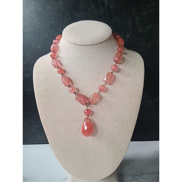 925 Sterling Silver Pink Glass Pendant Beaded Necklace Vintage - Picture 1 of 10